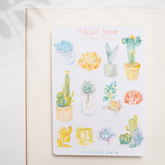 Watercolor Succulents Sticker Sheet | Blissful Spring Stickers for Journaling | Occasional Motto Kiss Cut Journal Sticker Spring Collection