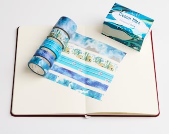 5 Rolls Ocean Vibes Washi Tape Set | 30mm 20mm 15mm width | 6 Meters length | 5 Patterns Journaling Tapes | Occasional Motto Scrapbook Tapes