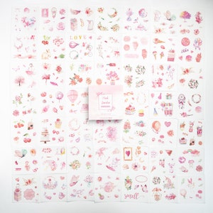 May include: A sheet of pink and white watercolor stickers featuring floral designs, hearts, butterflies, and other cute illustrations. The stickers are arranged in a grid pattern and are labeled "Pink Garden Stickers".