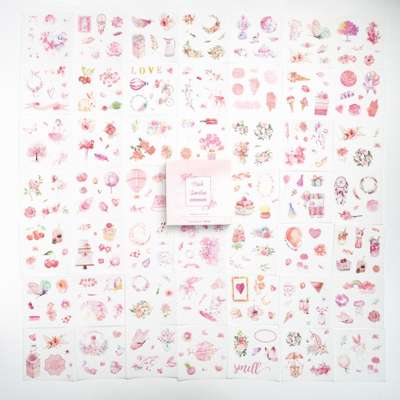 May include: A sheet of pink and white watercolor stickers featuring floral designs, hearts, butterflies, and other cute illustrations. The stickers are arranged in a grid pattern and are labeled "Pink Garden Stickers".