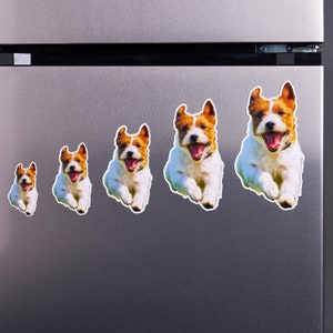 May include: Five different sized magnets featuring a white and brown dog with its tongue sticking out, running towards the right side of the image. The magnets are on a silver refrigerator.