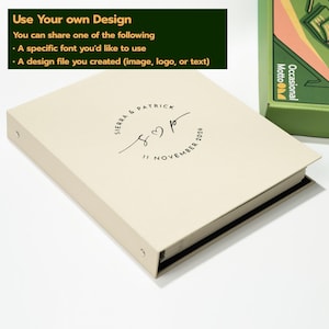 May include: A cream-colored binder featuring a circular black print with the text SIERRA & PATRICK and 11 NOVEMBER 2026 surrounding a central S heart P monogram. The binder is positioned next to a green box labeled Motto Occasional.