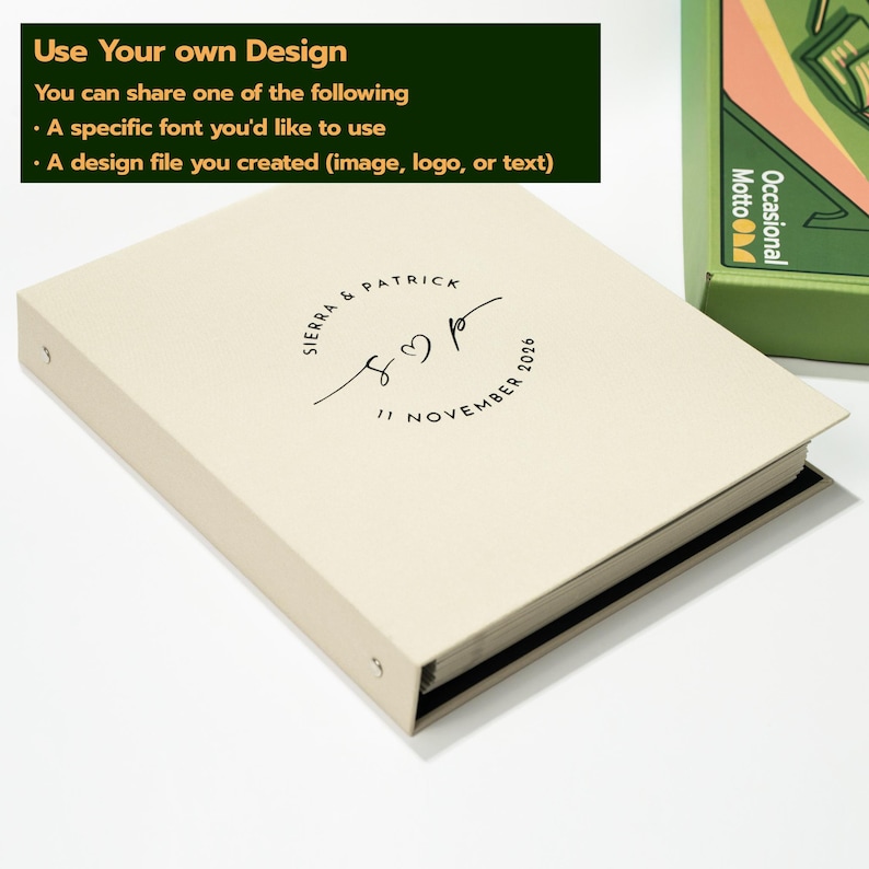 May include: A cream-colored binder featuring a circular black print with the text SIERRA & PATRICK and 11 NOVEMBER 2026 surrounding a central S heart P monogram. The binder is positioned next to a green box labeled Motto Occasional.