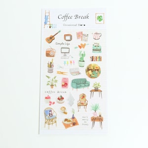May include: A sheet of stickers with a coffee break theme. The stickers feature illustrations of coffee cups, furniture, plants, and other objects related to a coffee break. The stickers are printed on clear, transparent paper and are perfect for adding a touch of whimsy to your planner, journal, or other paper goods.