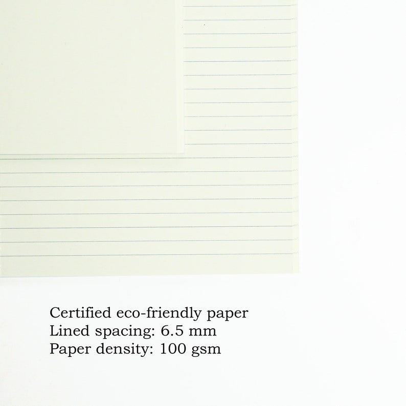 May include: Close-up of a sheet of white, lined paper. The paper is certified eco-friendly, has a line spacing of 6.5 mm, and a density of 100 gsm.