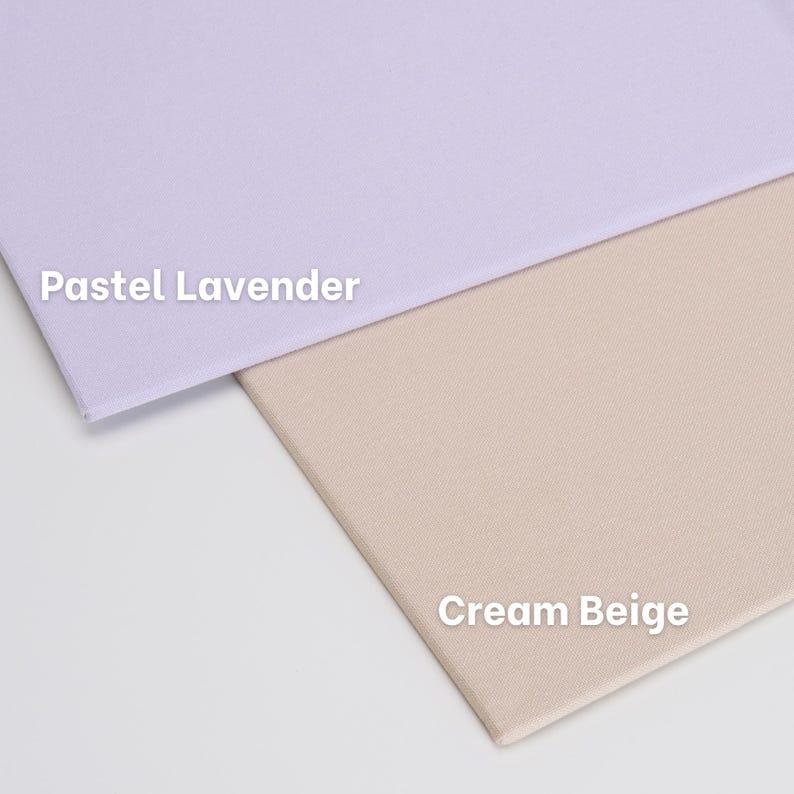 May include: Two rectangular fabric swatches are displayed, one in pastel lavender and one in cream beige. The text "Pastel Lavender" is printed on the lavender fabric, and the text "Cream Beige" is printed on the cream beige fabric.