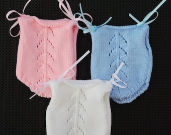 Miniature Crochet Rompers With Snap Crotch. Option to add ribbon on Shoulder (3 Colors Available Sold Seperatly)
