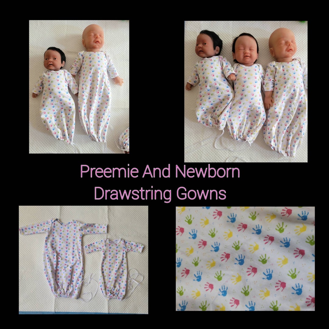 Miniature to Newborn Size Baby Handprint Drawstring Gown Several Sizes