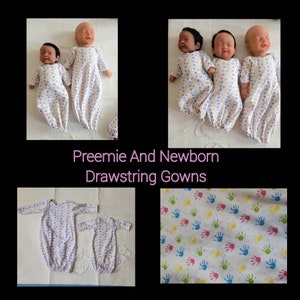Miniature To Newborn Size Baby Handprint Drawstring Gown Several Sizes/Color (Doll Not Included)