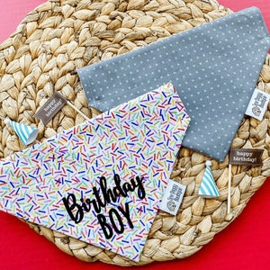 May include: Two triangular pet bandanas. One is grey with a white cross pattern, the other is white with a colorful sprinkle print and the black text Birthday BOY. Includes two small blue and white striped party hats and two Happy Birthday flags.