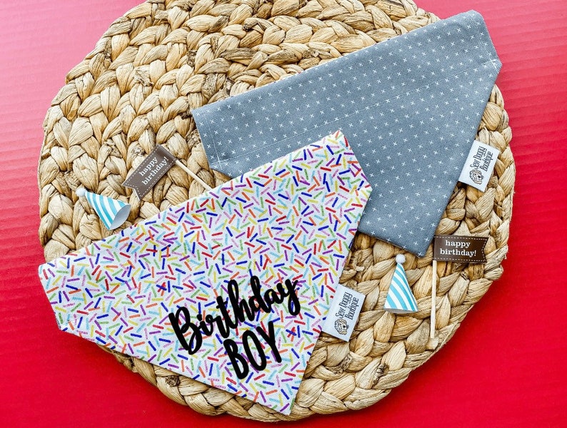 May include: Two triangular pet bandanas. One is grey with a white cross pattern, the other is white with a colorful sprinkle print and the black text Birthday BOY. Includes two small blue and white striped party hats and two Happy Birthday flags.