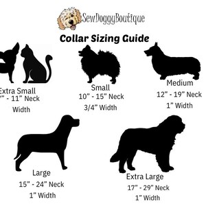 Pu&ograve; includere: Guida alle taglie dei collari per cani, che mostra diverse silhouette di cani con le corrispondenti misure del collo e larghezze in pollici. Le taglie includono extra piccola, piccola, media, grande ed extra grande.