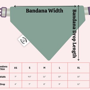 May include: A sage green triangular pet bandana with a purple plastic buckle and a white Sew Doggy Boutique tag. The image includes a sizing chart with width and drop measurements in inches for sizes XS through XL, labeled Bandana Width and Drop.
