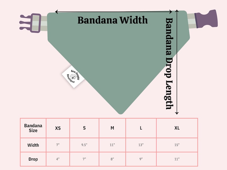 May include: A sage green triangular pet bandana with a purple plastic buckle and a white Sew Doggy Boutique tag. The image includes a sizing chart with width and drop measurements in inches for sizes XS through XL, labeled Bandana Width and Drop.