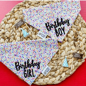 May include: Two triangular pet bandanas featuring a white background with a colorful sprinkle pattern. One bandana has the black text Birthday BOY, the other has Birthday GIRL. Each includes a small party hat and a brown flag labeled happy birthday!