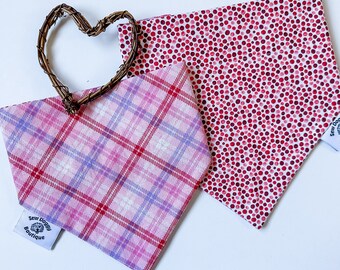 Valentines Day dog bandana over the collar, Vday accessories, pink plaid scarf, slide on bandana, dog mom gift, pet hankie, galentines day