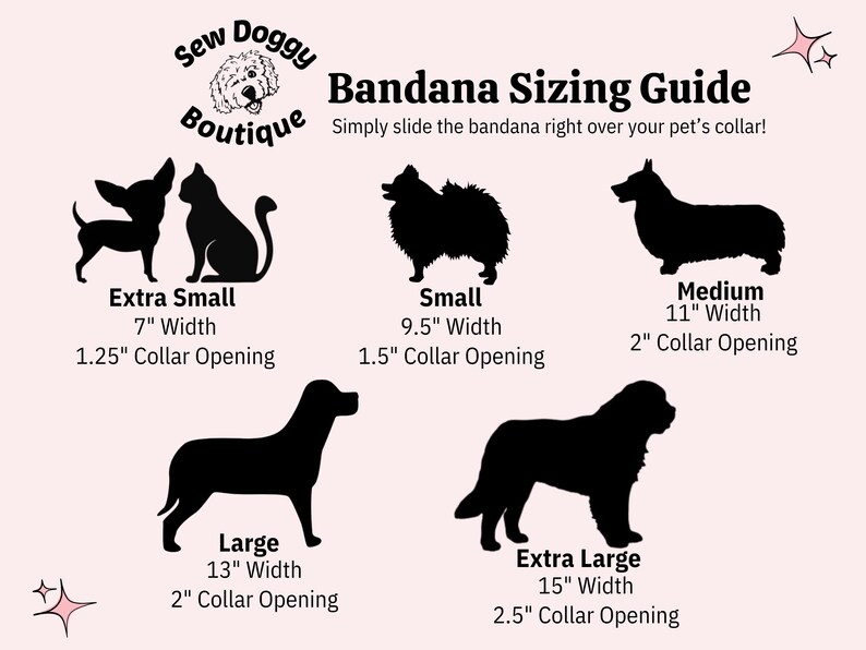 May include: A pink informational graphic titled Sew Doggy Boutique Bandana Sizing Guide. It displays five black animal silhouettes representing sizes from Extra Small to Extra Large, with widths from 7 to 15 inches and collar openings from 1.25 to 2.5 inches.