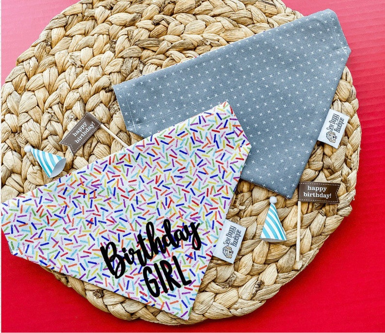 May include: Two triangular pet bandanas. One is grey with a white cross-stitch pattern and a Sew Doggy Boutique tag. The other is white with a colorful sprinkle pattern, the black text Birthday GIRL, and a Sew Doggy Boutique tag. Includes two party hats.