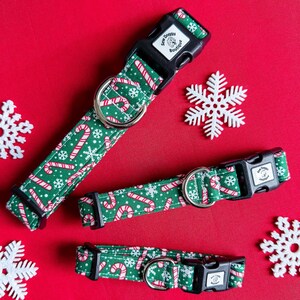 May include: Three green dog collars with a candy cane and snowflake pattern, set against a red background. Each collar has a black buckle and a silver metal ring. The collars are decorated with candy canes and snowflakes. The text "Sew Doggy Boutique" is visible on the buckle.