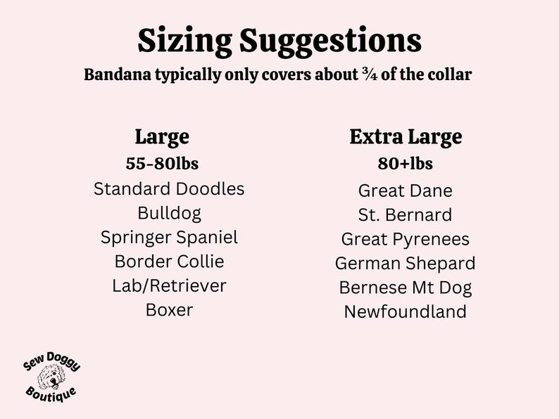 May include: A sizing chart for dog bandanas with the text Sizing Suggestions, Bandana typically only covers about 3/4 of the collar, Large 55-80lbs, Extra Large 80+lbs, and lists of dog breeds. The Sew Doggy Boutique logo is in the bottom corner.