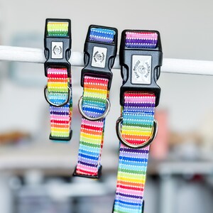 May include: Three rainbow striped dog collars with black plastic buckles and silver metal D-rings. The collars are hanging on a white rod. The buckles have the text "Sew Doggy Boutique".