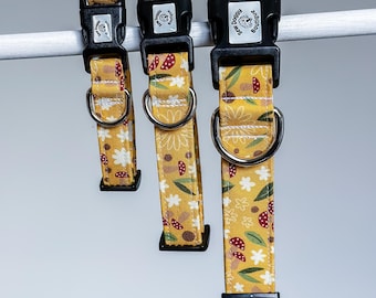 Yellow floral dog collar, adjustable pet collar for all sizes, dog collar with mushrooms, gift for new puppy, dog collar for spring, cottage