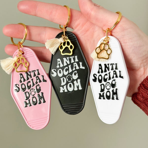 Anti Social Dog mom key chain, retro hotel key chain, birthday gift for dog mom, gift for new puppy parent, dog mothers day gifts, fun gifts
