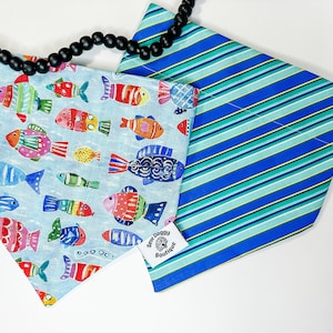 Fish dog bandana, reversible over the collar, tropical beach dog bandana, blue pet accessories, scarf for boy dog, gift for new puppy parent