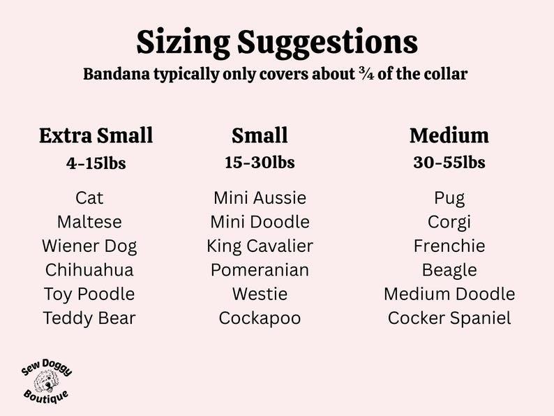 May include: A sizing chart for pet bandanas with a light pink background and black text. It lists weight ranges in pounds for Extra Small (4-15lbs), Small (15-30lbs), and Medium (30-55lbs) sizes, along with corresponding dog and cat breed examples.