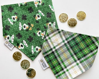 St Pattys Day dog bandana, St. Patricks Day pet accessories, green plaid scarf, slip on bandana, Irish gifts for dog lover, shamrocks