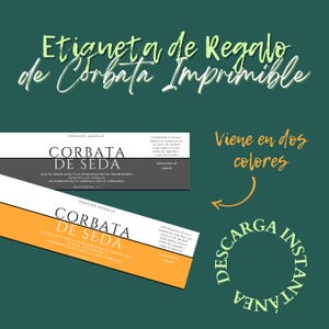 Könnte beinhalten: Zwei druckbare Geschenkanhänger für eine Seidenkrawatte. Die Anhänger sind in Schwarzweiß und Orangeweiß gehalten. Der Text auf den Anhängern lautet "Corbata de Seda", was "Seidenkrawatte" bedeutet. Der Text enthält auch ein Zitat aus Sprichwörter 3:3. Die Anhänger sind in zwei Farben erhältlich.