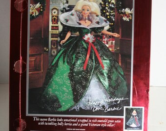 sachin and babi light blue dress Vintage 1995 Happy Holiday Barbie Green Holly Dress, Accessories With Stand main image 1