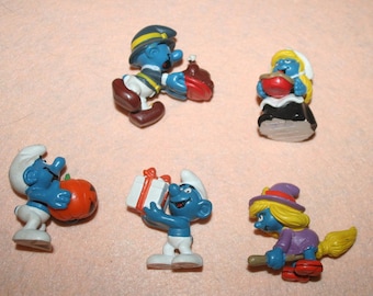 Cinco figuras de PVC de los Pitufos de vacaciones, lote vintage (1982), W Berrie Co. / Portugal