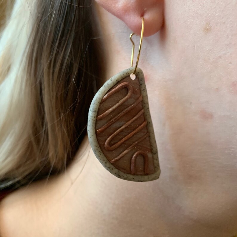 Handmade Copper Mocha Half Circle Textured Polymer Clay Earrings