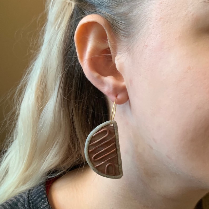 Handmade Copper Mocha Half Circle Textured Polymer Clay Earrings