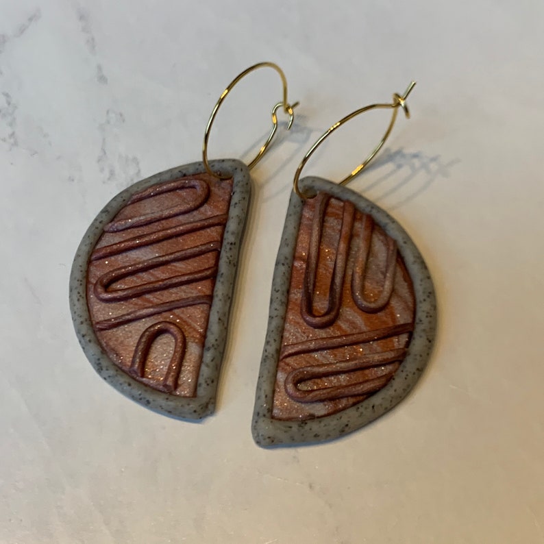 Handmade Copper Mocha Half Circle Textured Polymer Clay Earrings
