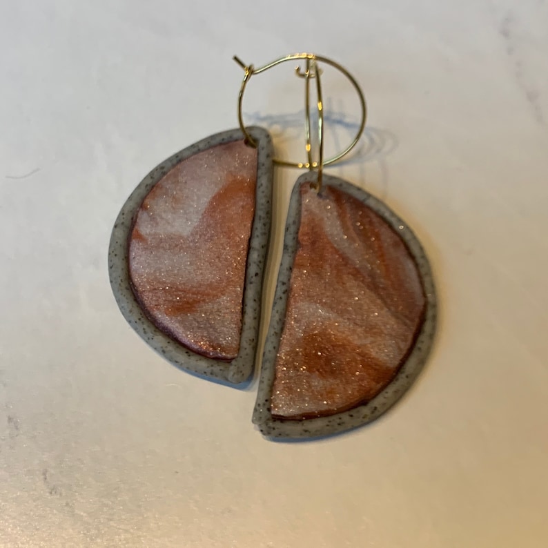 Handmade Copper Mocha Half Circle Textured Polymer Clay Earrings