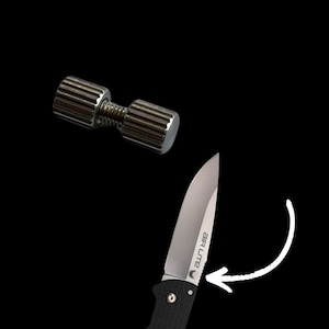 May include: A silver metal screw with a knurled head and a black pocket knife with the word "Air Lite" printed on the blade.
