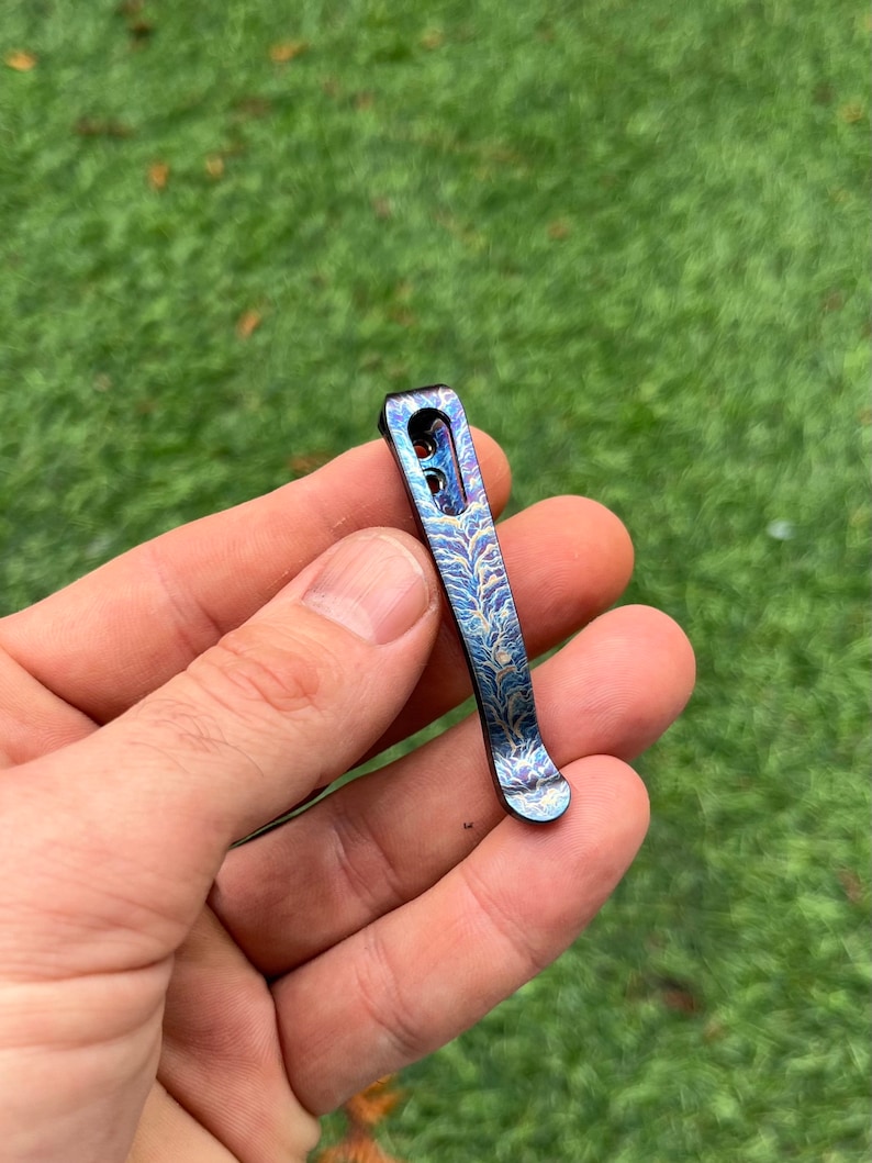 May include: A small, decorative pocket clip with a blue and purple finish. The clip features a leaf-like pattern etched into the metal. The clip is held in a hand against a blurred green background.