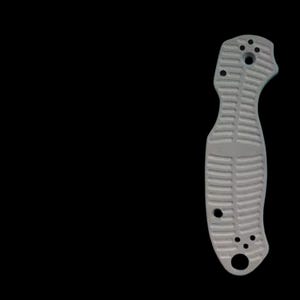 May include: A light gray textured knife handle scale featuring a series of horizontal ridges across its surface. The component includes several circular screw holes and a larger lanyard hole at the bottom, designed for a folding pocket knife.