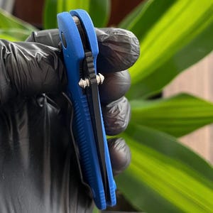 May include: A blue folding knife with a black blade and a silver pocket clip. The knife is held in a gloved hand, with a green leafy background.