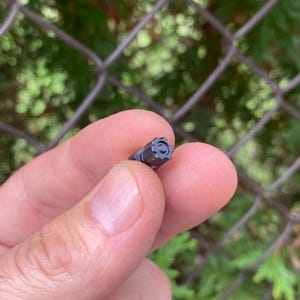 Puede incluir: Primer plano de un pequeño objeto de metal negro con una cabeza en forma de estrella. El objeto está siendo sostenido por una mano.