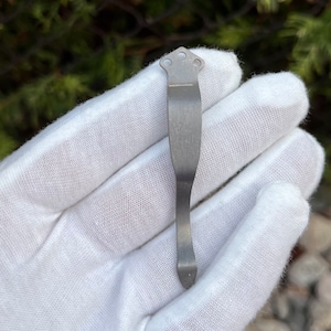 May include: A silver-coloured metal pocket clip with a unique design. The clip has a rounded top and a pointed bottom.