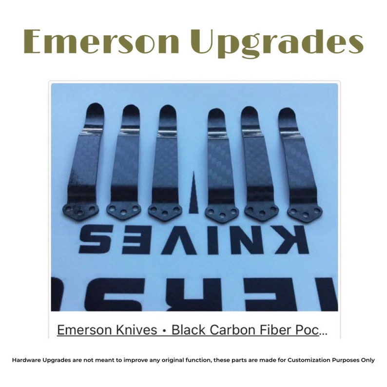May include: Six black carbon fiber pocket clips for Emerson knives. The clips are arranged in a row and the text "KNIVES" is visible below them.