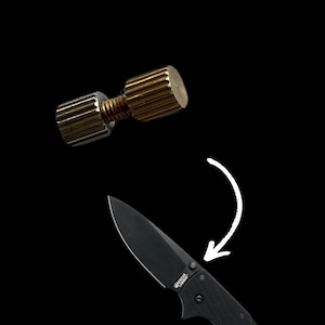 May include: A black folding knife with a silver blade and the text "American Knife" on the handle. A small gold and silver screw is shown above the knife.