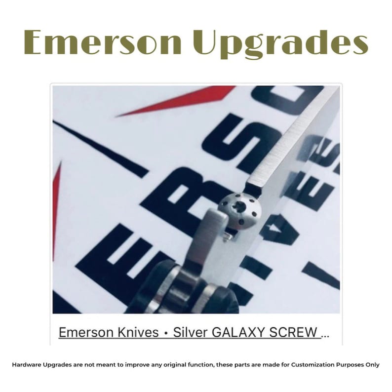 May include: A silver GALAXY SCREW for Emerson Knives. The screw has a hexagonal head and a star-shaped pattern on the top. The screw is a hardware upgrade for customization purposes only.