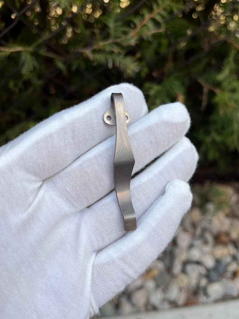 May include: A silver-toned metal pocket clip with a curved design. The clip has two small holes at the top.