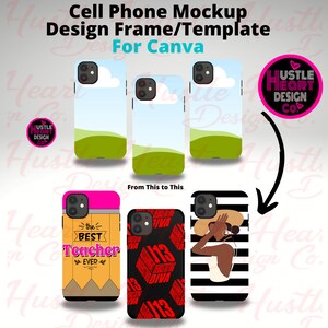May include: A mockup of a cell phone design template for Canva. The template shows a phone with a blue sky and green hills background, a phone with a red and black pattern, and a phone with a black and white striped pattern with a woman wearing a hat.