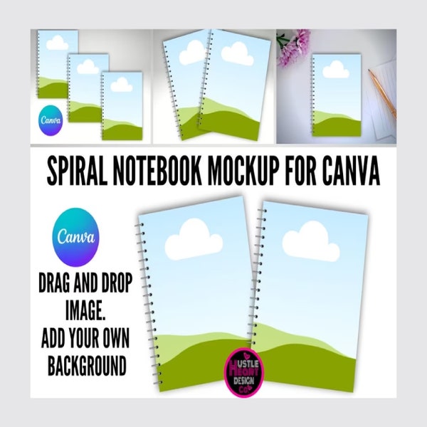 Spiral Notizbuch Mockup für Canva, Drag and Drop bearbeitbare Canva Rahmen Vorlage. Füge dein eigenes Bild und Hintergrund hinzu