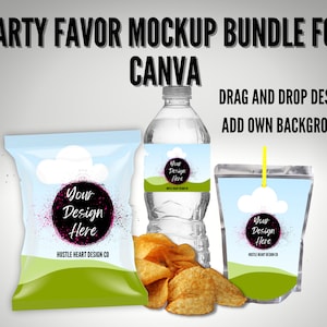 Party Favor Mockup , Chip bag, Juice Pouch, Water Bottle Mockup, Canva Frame Mockup Bundle, Drag and Drop Add your own background